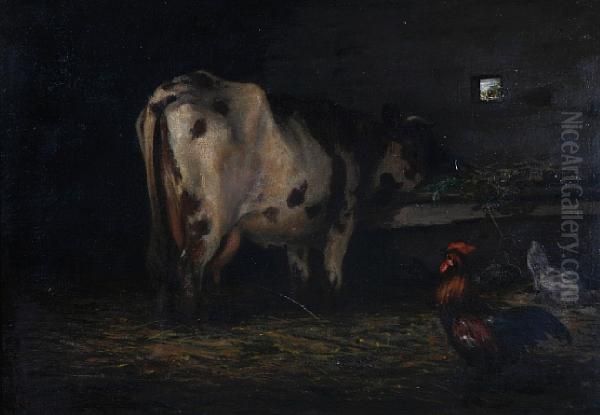 A Stable Interior With A Cow And Rooster - view 1