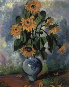 Sonnenblumen In Einer Steingutvase by Max Pechstein