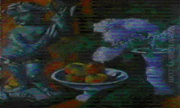 Stilleben Mit Flieder (putto Und Obstschale) Olstudie Einer Waldlandschaft - view 1