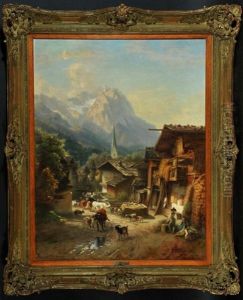 Szene Auf Der Dorfstrase In Partenkirchen Mit Personen Und Vieh Vor Den Waxensteinen Mit Zugspitze
