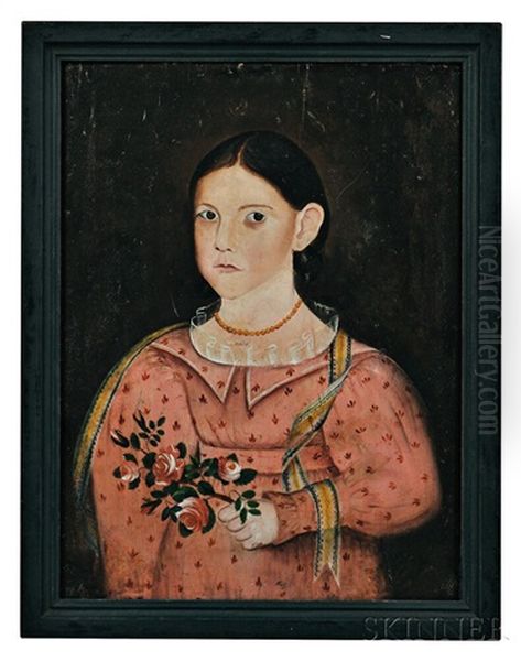 Portrait Of A Girl In A Pink Dress Holding A Rose Branch - view 1