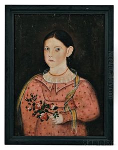 Portrait Of A Girl In A Pink Dress Holding A Rose Branch