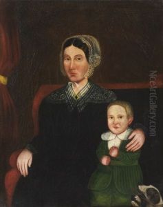 Young Mother And Son Seated On An Upholstered Settee With Dog by Sheldon Peck