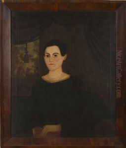 Portrait Of A Young Woman Seated Before Crimson Swagged And Trasseled Drapery