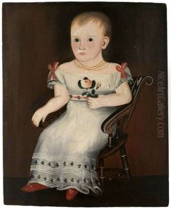 Portrait Of A Child In White Dress Holding A Rose And Seated In A Fancy Painted Scroll Back Chair by Sheldon Peck