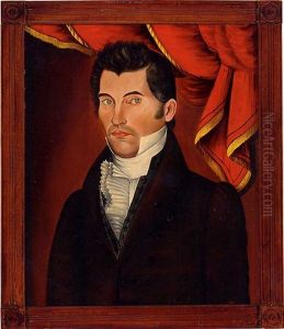 Portrait Of A Dark-haired, Blue-eyed Gentleman Wearing A Frilled White Stock, Posed Before A Red Drape With Yellow Fringe