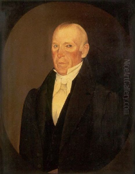Man In White Stock And Tie With Black Vest And Jacket Within Oval Surround - view 1