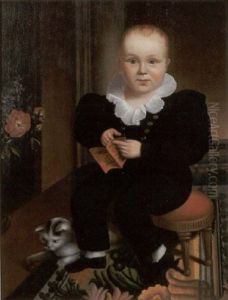 Portrait Of Boy In Blue With Brass Buttons And Lace Collar Holding A Primer Seated On A Stool Beside A Cat by Deacon Robert Peckham