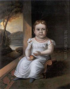 Portrait Of Girl With Coral Beads Seated On Classical Windown Seat In Room With Green And Peach Floral Carpet