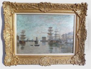 Trois Mats Au Port by Charles Francois Pecrus