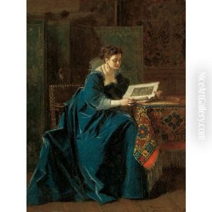 Woman Reading In An Interior by Charles Francois Pecrus