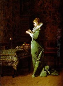 Jeune Femme A Sa Couture Dans Un Interieur by Charles Francois Pecrus