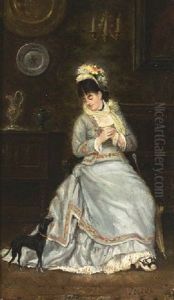 Elegant Young Lady In An Interior by Charles Francois Pecrus