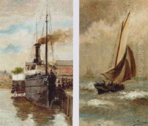 A Steamer In The Harbour At Trouville by Charles Francois Pecrus