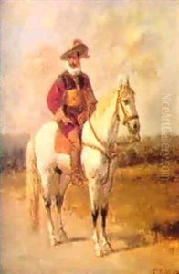 Gentilhomme En Costume Louis Xiii Sur Un Cheval Blanc by Charles Francois Pecrus