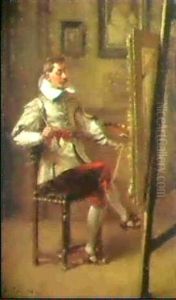 Gentilhomme En Costume Louis Xiii Assis En Train De         Peindre Devant Son Chevalet by Charles Francois Pecrus