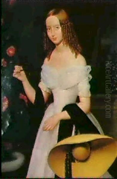 A Portrait Of A Girl In A White Dress Holding A Straw Hat - view 1