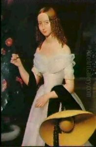 A Portrait Of A Girl In A White Dress Holding A Straw Hat by Henrik Pecz