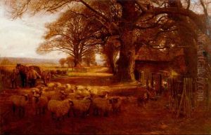 Shepherd And Flock On Sunlit Road Lined With Oaks by John Pedder