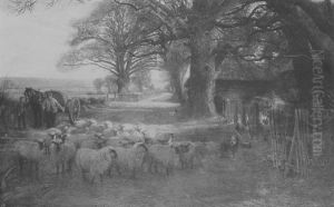 Herding Sheep In A Country Lane by John Pedder