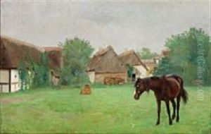 A Horse Grazing In Front Of Thatched Farmhouses A Horse Grazing In Front Of Thatched Farmhouses