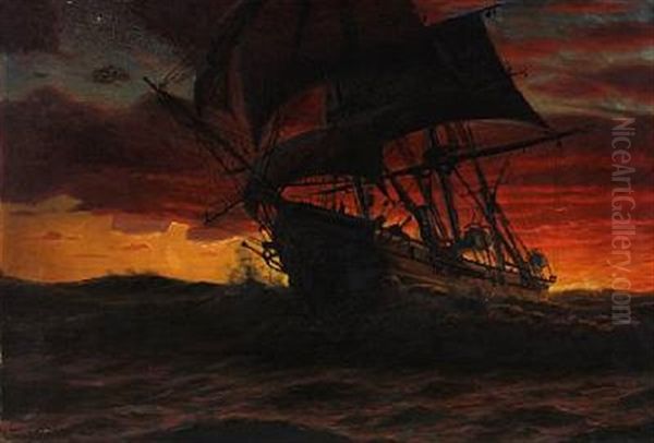 Seascape With A Sailing Ship In The Sunset - view 1