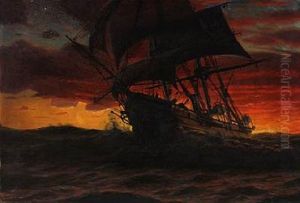 Seascape With A Sailing Ship In The Sunset by Thorolf Pedersen