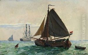 Sea Scape With Ships At The Sea by Thorolf Pedersen