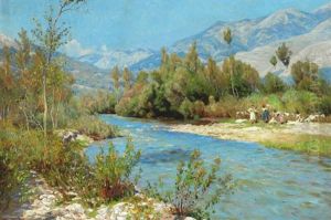 The River Liri With Washerwomen by Viggo Christian Frederick Pedersen