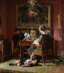 A Living Room Interior With Three Figures by Viggo Christian Frederick Pedersen