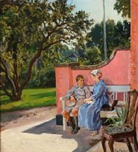 A Boy And A Woman Sitting On A Bench In Front Of A House, Summer
