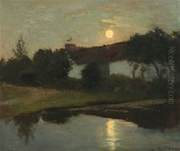 Moonlight Landscape With Stork On A Rooftop - view 1