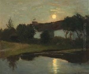 Moonlight Landscape With Stork On A Rooftop