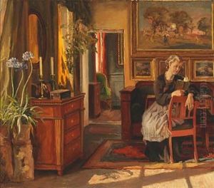 Interior With The Artist's Wife Reading, Sitting In Their Home by Viggo Christian Frederick Pedersen