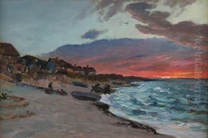 Fischerhutten Im Sonnenuntergang Am Strand Von Tisvildeleje Im Danischen Nordseeland