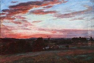 Sunset Over Naestved With Skamstrup Mill In The Background, Denmark by Viggo Christian Frederick Pedersen