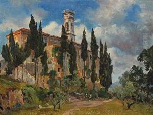 Scenery From Volterra With A Church And Cypresses Scenery From Volterra With A Church And Cypresses