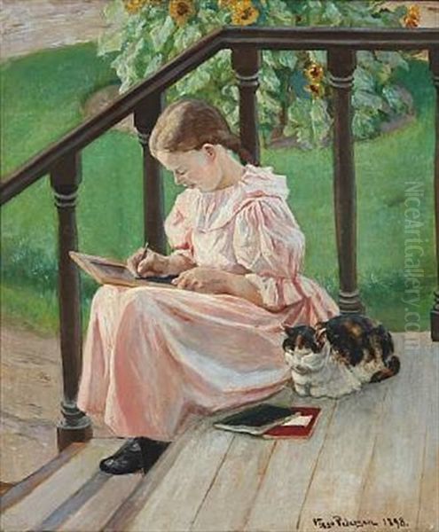 A Young Girl In Pink Dress On A Staircase - view 1