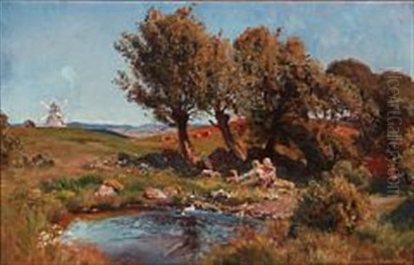 Summer Landscape With Two Children At A Pond - view 1