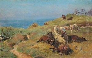 Sheeps In The Field With The Sea In The Background by Viggo Christian Frederick Pedersen