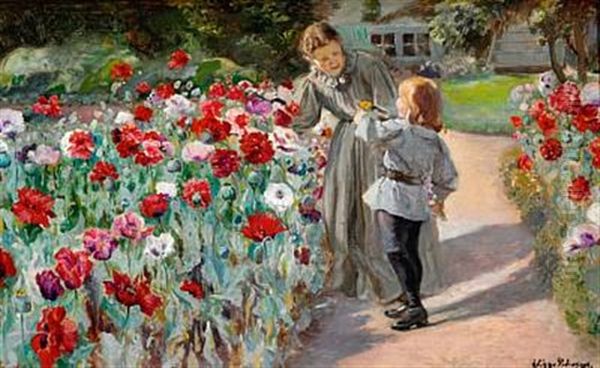The Artist's Wife And Son Johannes At A Bed Of Poppies In The Garden Of The Family Villa Karlsberg Near Hillerod - view 1