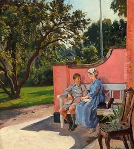 Mother And Son Talking On A Bench In A Garden