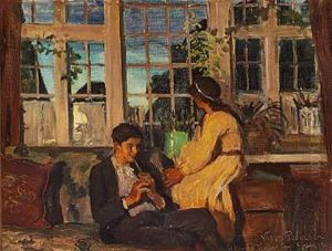 Interior Fra Kunstnerens Hjem. Et Ungt Par Hygger Sig I Skumringen by Viggo Christian Frederick Pedersen