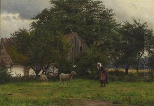 En Bondepige Tojrer Et Far, I Baggrunden Strataekte Udhuslaenger