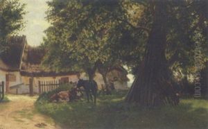 Kalve I Skyggen Under Et Valnoddetrae Bag Bondegaarden by Viggo Christian Frederick Pedersen