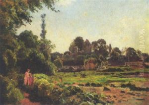 To Piger Kikker Pa Blomster, Udkanten Af En Landsby by Viggo Christian Frederick Pedersen