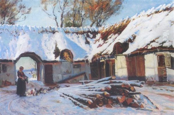 Gardexterior Med Ung Kvinde, Der Fodrer Hons, Vinter - view 1
