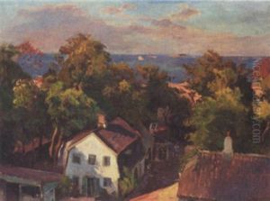 Udsigt Over Huse Of Traeer Naer Vandet by Viggo Christian Frederick Pedersen