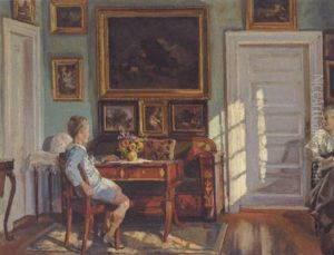 Solskin I En Stue Med Figurer by Viggo Christian Frederick Pedersen