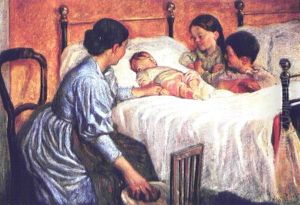Den Lille Skal Vaskes. Moder Og De To Aeldre Soskende Beundrer Familiens Yngste
